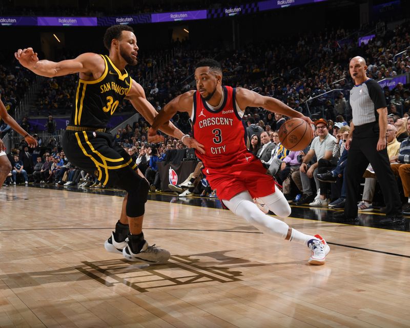 SAN FRANCISCO, CA - JANUARY 10:  CJ McCollum #3 of the New Orleans Pelicans goes to the basket during the game  on January 10, 2024 at Chase Center in San Francisco, California. NOTE TO USER: User expressly acknowledges and agrees that, by downloading and or using this photograph, user is consenting to the terms and conditions of Getty Images License Agreement. Mandatory Copyright Notice: Copyright 2024 NBAE (Photo by Noah Graham/NBAE via Getty Images)