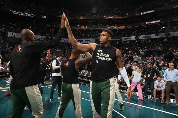 CHARLOTTE, NC - NOVEMBER 17: Giannis Antetokounmpo #34 of the Milwaukee Bucks is introduced before the game against the Charlotte Hornets during the In-Season Tournament on November 17, 2023 at Spectrum Center in Charlotte, North Carolina. NOTE TO USER: User expressly acknowledges and agrees that, by downloading and or using this photograph, User is consenting to the terms and conditions of the Getty Images License Agreement. Mandatory Copyright Notice: Copyright 2023 NBAE (Photo by Kent Smith/NBAE via Getty Images)