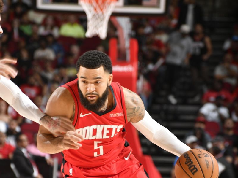 HOUSTON, TX - OCTOBER 23:  Fred VanVleet #5 of the Houston Rockets drives to the basket during the game against the Charlotte Hornets  during a regular season game on October 23, 2024 at the Toyota Center in Houston, Texas. NOTE TO USER: User expressly acknowledges and agrees that, by downloading and or using this photograph, User is consenting to the terms and conditions of the Getty Images License Agreement. Mandatory Copyright Notice: Copyright 2024 NBAE (Photo by Logan Riely/NBAE via Getty Images)