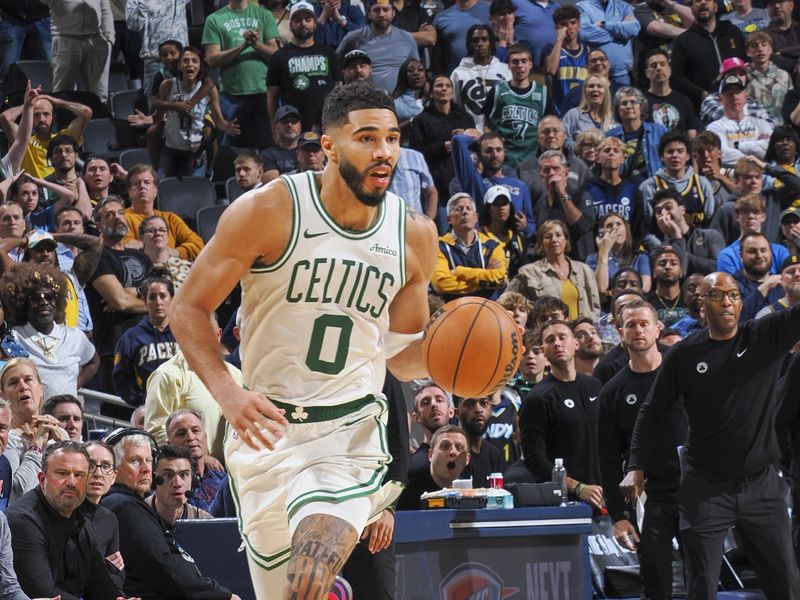 INDIANAPOLIS, IN - OCTOBER 30: Jayson Tatum #0 of the Boston Celtics dribbles the ball during the game on October 30, 2024 at Gainbridge Fieldhouse in Indianapolis, Indiana. NOTE TO USER: User expressly acknowledges and agrees that, by downloading and or using this Photograph, user is consenting to the terms and conditions of the Getty Images License Agreement. Mandatory Copyright Notice: Copyright 2024 NBAE (Photo by Ron Hoskins/NBAE via Getty Images)