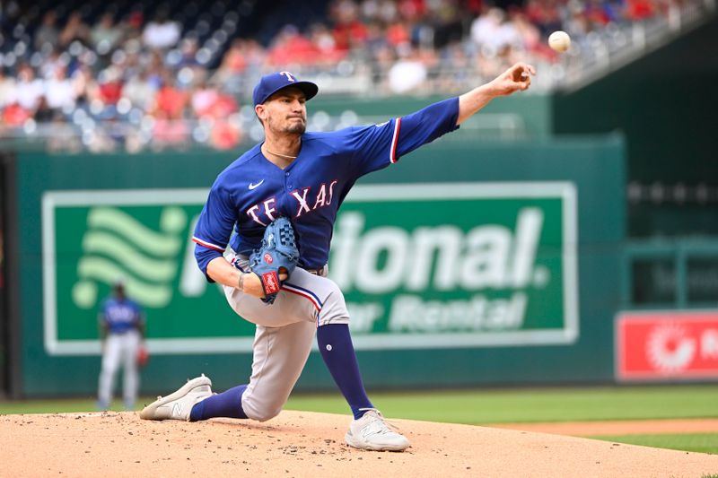 Jul 8, 2023; Washington, District of Columbia, USA; Texas Rangers starting pitcher Andrew Heaney (44) throws to the Washington Nationals during the first inning at Nationals Park. Mandatory Credit: Brad Mills-USA TODAY Sports