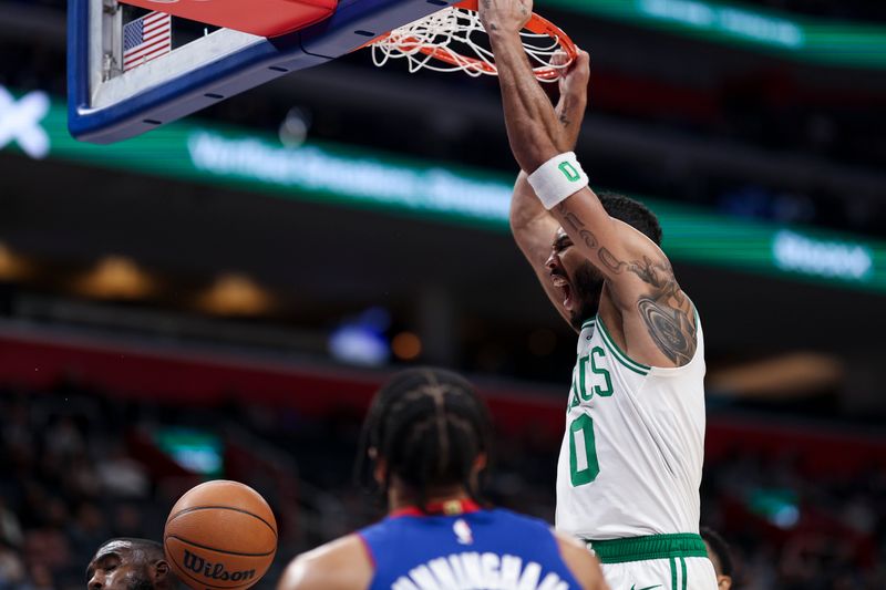 DETROIT, MICHIGAN - OCTOBER 26: Jayson Tatum #0 of the Boston Celtics dunks the ball in the first quarter of a game against the Detroit Pistons at Little Caesars Arena on October 26, 2024 in Detroit, Michigan. NOTE TO USER: User expressly acknowledges and agrees that, by downloading and or using this photograph, User is consenting to the terms and conditions of the Getty Images License Agreement. (Photo by Mike Mulholland/Getty Images)