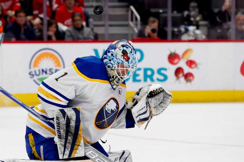 Apr 7, 2024; Detroit, Michigan, USA; Buffalo Sabres goaltender Ukko-Pekka Luukkonen (1) makes a save in the second period against the Detroit Red Wings at Little Caesars Arena. Mandatory Credit: Rick Osentoski-USA TODAY Sports