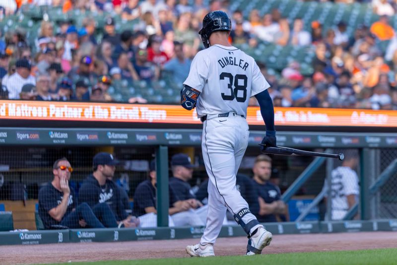 Jul 29, 2024; Detroit, Michigan, USA; Detroit Tigers catcher Dillion Dingler (38) strikes out in his first MLB at bat in the second inning and walks back to the dugout against the Cleveland Guardians at Comerica Park. Mandatory Credit: David Reginek-USA TODAY Sports