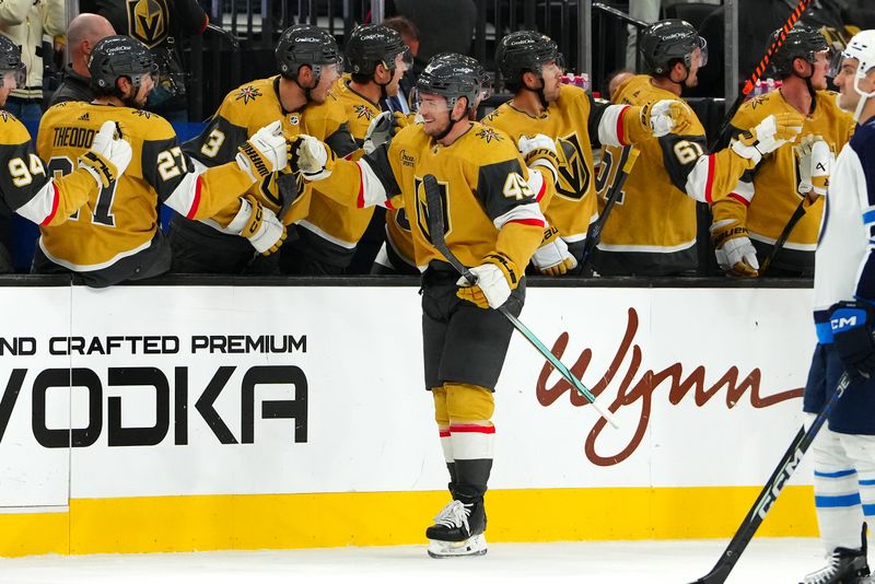 Nov 2, 2023; Las Vegas, Nevada, USA; Vegas Golden Knights center Ivan Barbashev (49) celebrates after scoring a goal against the Winnipeg Jets during the second period at T-Mobile Arena. Mandatory Credit: Stephen R. Sylvanie-USA TODAY Sports