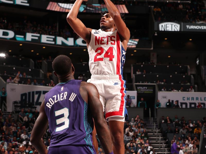 CHARLOTTE, NC - NOVEMBER 5: Cam Thomas #24 of the Brooklyn Nets shoots the ball during the game against the Charlotte Hornets on November 5, 2022 at Spectrum Center in Charlotte, North Carolina. NOTE TO USER: User expressly acknowledges and agrees that, by downloading and or using this photograph, User is consenting to the terms and conditions of the Getty Images License Agreement. Mandatory Copyright Notice: Copyright 2022 NBAE (Photo by Kent Smith/NBAE via Getty Images)