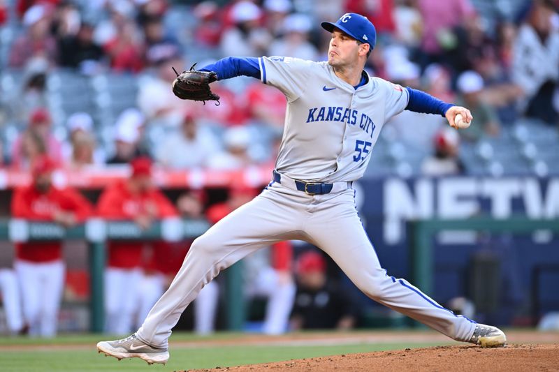 May 11, 2024; Anaheim, California, USA; Kansas City Royals pitcher Cole Ragans (55) throws against the Los Angeles Angels during the first inning at Angel Stadium. Mandatory Credit: Jonathan Hui-USA TODAY Sports