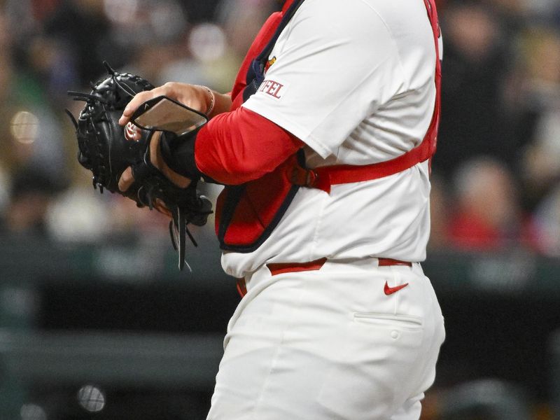 Apr 23, 2024; St. Louis, Missouri, USA;  St. Louis Cardinals catcher Pedro Pages (43) looks at the signals against the Arizona Diamondbacks during the sixth inning at Busch Stadium. Mandatory Credit: Jeff Curry-USA TODAY Sports