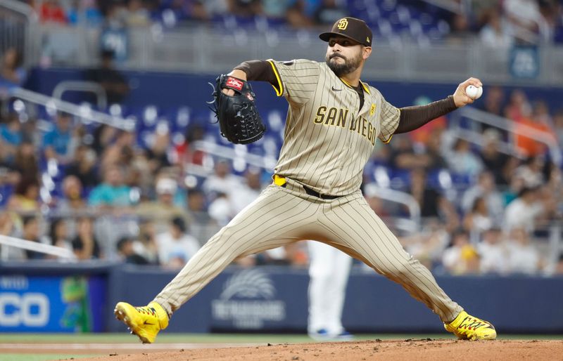 Aug 9, 2024; Miami, Florida, USA;  San Diego Padres starting pitcher Martin Perez (54) delivers a pitch against the Miami Marlins in the first inning at loanDepot Park. Mandatory Credit: Rhona Wise-USA TODAY Sports