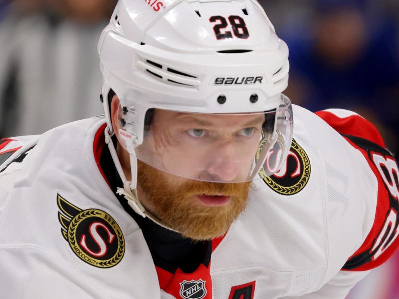 Nov 5, 2024; Buffalo, New York, USA;  Ottawa Senators right wing Claude Giroux (28) waits for the face-off during the first period against the Buffalo Sabres at KeyBank Center. Mandatory Credit: Timothy T. Ludwig-Imagn Images