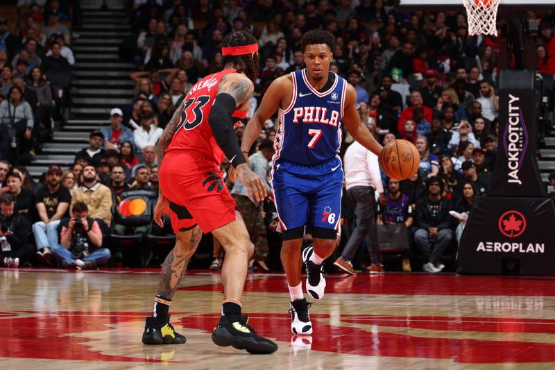 TORONTO, CANADA - MARCH 31: Kyle Lowry #7 of the Philadelphia 76ers dribbles the ball during the game against the Toronto Raptors on March 31, 2024 at the Scotiabank Arena in Toronto, Ontario, Canada.  NOTE TO USER: User expressly acknowledges and agrees that, by downloading and or using this Photograph, user is consenting to the terms and conditions of the Getty Images License Agreement.  Mandatory Copyright Notice: Copyright 2024 NBAE (Photo by Vaughn Ridley/NBAE via Getty Images)