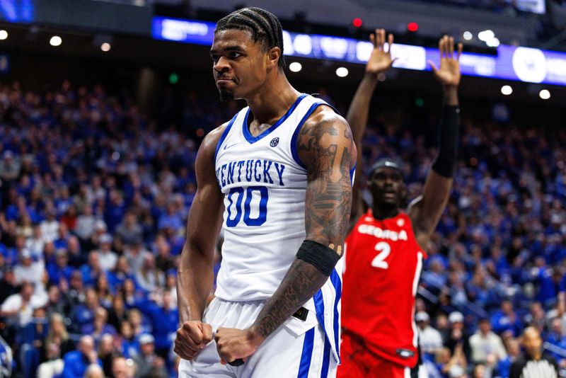 Feb 17, 2026; Lexington, Kentucky, USA; Kentucky Wildcats guard Otega Oweh (00) reacts after scoring a basket and being fouled during the second half against the Georgia Bulldog at Rupp Arena at Central Bank Center. Mandatory Credit: Jordan Prather-Imagn Images
