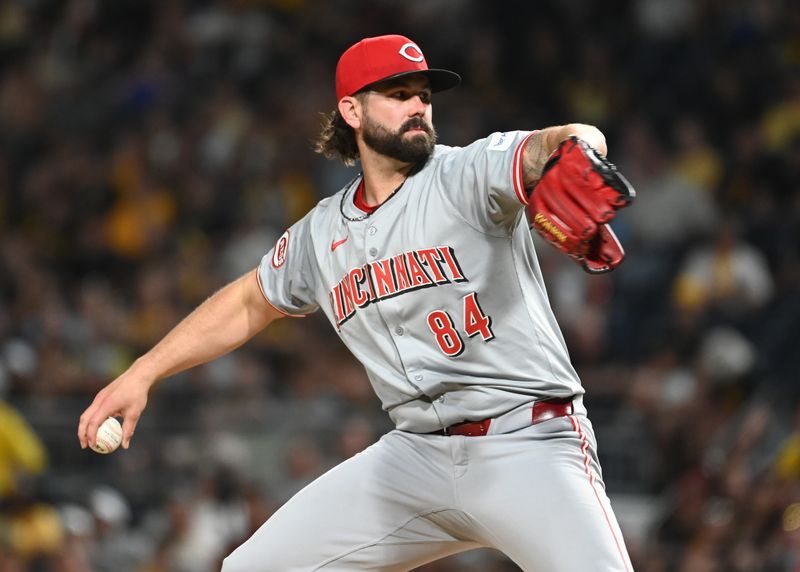 Aug 24, 2024; Pittsburgh, Pennsylvania, USA;   Cincinnati Reds closer Casey Kelly (84) pitches in the ninth inning against the Pittsburgh Purates at PNC Park. The Reds won 10-2. Mandatory Credit: Philip G. Pavely-USA TODAY Sports