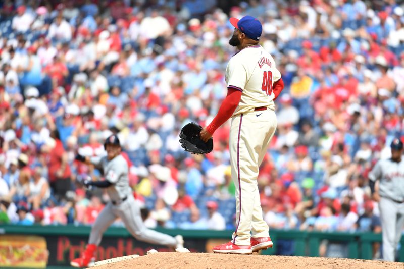 Jul 28, 2024; Philadelphia, Pennsylvania, USA; Philadelphia Phillies pitcher José Alvarado (46) reacts after allowing home run to Cleveland Guardians outfielder Steven Kwan (38) during the seventh inning at Citizens Bank Park. Mandatory Credit: Eric Hartline-USA TODAY Sports