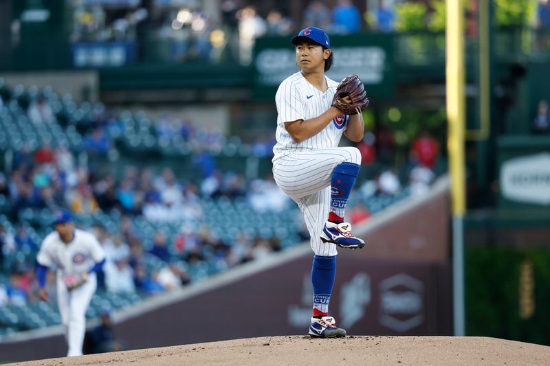 May 7, 2024; Chicago, Illinois, USA; Chicago Cubs starting pitcher Shota Imanaga (18) delivers a pitch against the San Diego Padres during the first inning at Wrigley Field. Mandatory Credit: Kamil Krzaczynski-USA TODAY Sports