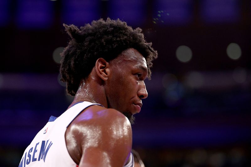 NEW YORK, NEW YORK - FEBRUARY 26:  James Wiseman #13 of the Detroit Pistons looks on during a time out in the second half against the New York Knicks at Madison Square Garden on February 26, 2024 in New York City. The New York Knicks defeated the Detroit Pistons 113-111. NOTE TO USER: User expressly acknowledges and agrees that, by downloading and or using this photograph, User is consenting to the terms and conditions of the Getty Images License Agreement. (Photo by Elsa/Getty Images)