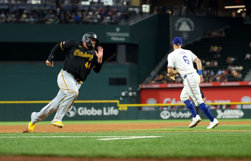 Aug 20, 2024; Arlington, Texas, USA; Pittsburgh Pirates first baseman Rowdy Tellez (44) rounds third base and scores during the ninth inning against the Texas Rangers  at Globe Life Field. Mandatory Credit: Kevin Jairaj-USA TODAY Sports