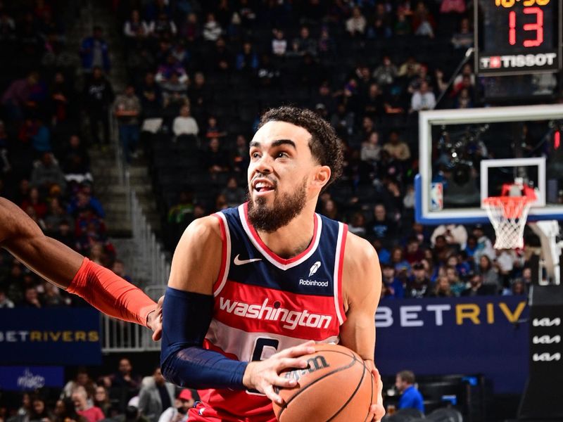 DETROIT, MI - JANUARY 27: Tyus Jones #5 of the Washington Wizards handles the ball during the game against the Detroit Pistons on January 27, 2024 at Little Caesars Arena in Detroit, Michigan. NOTE TO USER: User expressly acknowledges and agrees that, by downloading and/or using this photograph, User is consenting to the terms and conditions of the Getty Images License Agreement. Mandatory Copyright Notice: Copyright 2024 NBAE (Photo by Chris Schwegler/NBAE via Getty Images)