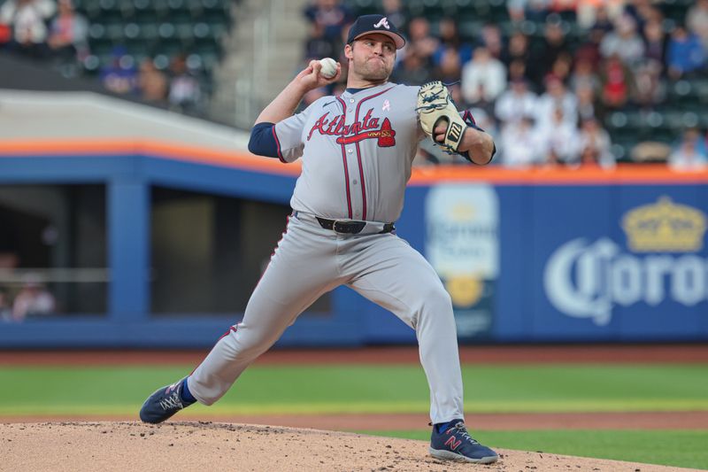 May 12, 2024; New York City, New York, USA; Atlanta Braves starting pitcher Bryce Elder (55) delivers a pitch during the first inning against the New York Mets at Citi Field. Mandatory Credit: Vincent Carchietta-USA TODAY Sports