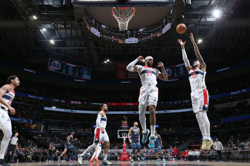 WASHINGTON, DC -? JANUARY 24: Kyle Kuzma #33 of the Washington Wizards rebounds the ball during the game against the Minnesota Timberwolves on January 24, 2024 at Capital One Arena in Washington, DC. NOTE TO USER: User expressly acknowledges and agrees that, by downloading and or using this Photograph, user is consenting to the terms and conditions of the Getty Images License Agreement. Mandatory Copyright Notice: Copyright 2024 NBAE (Photo by Stephen Gosling/NBAE via Getty Images)