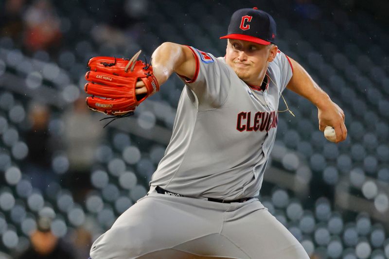 Sep 19, 2025; Minneapolis, Minnesota, USA; Cleveland Guardians starting pitcher Parker Messick (77) throws to the Minnesota Twins in the first inning at Target Field. Mandatory Credit: Bruce Kluckhohn-Imagn Images