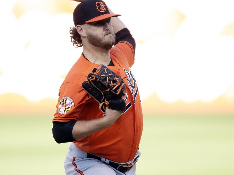 Aug 19, 2023; Oakland, California, USA; Baltimore Orioles starting pitcher Cole Irvin (19) pitches against the Oakland Athletics during the first inning at Oakland-Alameda County Coliseum. Mandatory Credit: D. Ross Cameron-USA TODAY Sports