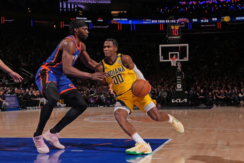 NEW YORK, NY - FEBRUARY 10: Bennedict Mathurin #00 of the Indiana Pacers dribbles the ball during the game against the New York Knicks on February 10, 2024 at Madison Square Garden in New York City, New York.  NOTE TO USER: User expressly acknowledges and agrees that, by downloading and or using this photograph, User is consenting to the terms and conditions of the Getty Images License Agreement. Mandatory Copyright Notice: Copyright 2024 NBAE  (Photo by Jesse D. Garrabrant/NBAE via Getty Images)