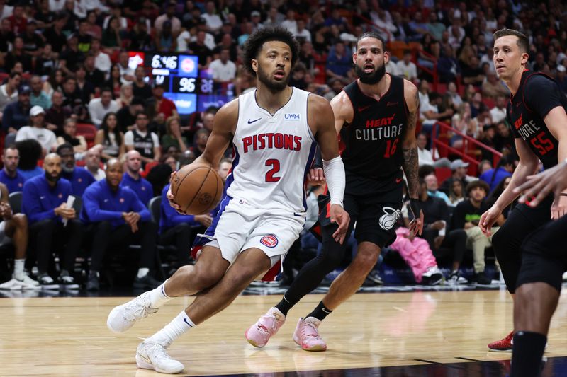 MIAMI, FLORIDA - MARCH 05: Cade Cunningham #2 of the Detroit Pistons drives to the basket against the Miami Heat during the fourth quarter of the game at Kaseya Center on March 05, 2024 in Miami, Florida. NOTE TO USER: User expressly acknowledges and agrees that, by downloading and or using this photograph, User is consenting to the terms and conditions of the Getty Images License Agreement. (Photo by Megan Briggs/Getty Images)