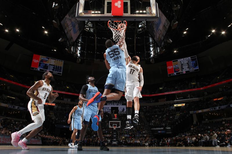 MEMPHIS, TN - FEBRUARY 12: Jonas Valanciunas #17 of the New Orleans Pelicans drives to the basket during the game against the Memphis Grizzlies on February 12, 2024 at FedExForum in Memphis, Tennessee. NOTE TO USER: User expressly acknowledges and agrees that, by downloading and or using this photograph, User is consenting to the terms and conditions of the Getty Images License Agreement. Mandatory Copyright Notice: Copyright 2024 NBAE (Photo by Joe Murphy/NBAE via Getty Images)