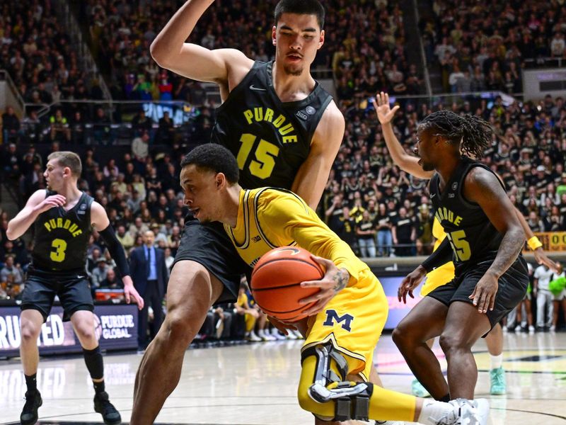 Jan 23, 2024; West Lafayette, Indiana, USA; Michigan Wolverines guard Jaelin Llewellyn (3) pushes against Purdue Boilermakers center Zach Edey (15) while moving toward the basket during the first half at Mackey Arena. Mandatory Credit: Marc Lebryk-USA TODAY Sports