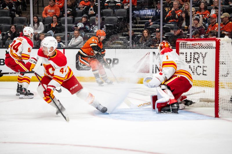 Mar 1, 2026; Anaheim, California, USA; Anaheim Ducks left wing Ross Johnston (44) skates with puck during the second period against the Calgary Flames at Honda Center. Mandatory Credit: Corinne Votaw-Imagn Images