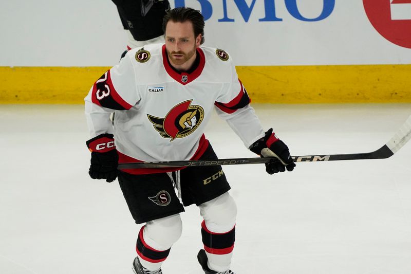 Mar 5, 2025; Chicago, Illinois, USA; Ottawa Senators left wing Noah Gregor (73) warms up before a game against the Chicago Blackhawks at United Center. Mandatory Credit: David Banks-Imagn Images