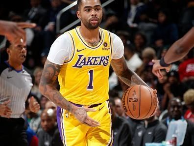 DETROIT, MI - NOVEMBER 29: D'Angelo Russell #1 of the Los Angeles Lakers handles the ball during the game against the Detroit Pistons  on November 29, 2023 at Little Caesars Arena in Detroit, Michigan. NOTE TO USER: User expressly acknowledges and agrees that, by downloading and/or using this photograph, User is consenting to the terms and conditions of the Getty Images License Agreement. Mandatory Copyright Notice: Copyright 2023 NBAE (Photo by Brian Sevald/NBAE via Getty Images)