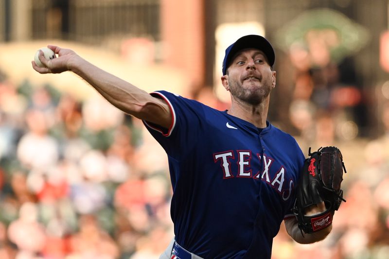 Jun 28, 2024; Baltimore, Maryland, USA; Texas Rangers pitcher Max Scherzer (31)m throws a first inning pitch against the Baltimore Orioles at Oriole Park at Camden Yards. Mandatory Credit: Tommy Gilligan-USA TODAY Sports