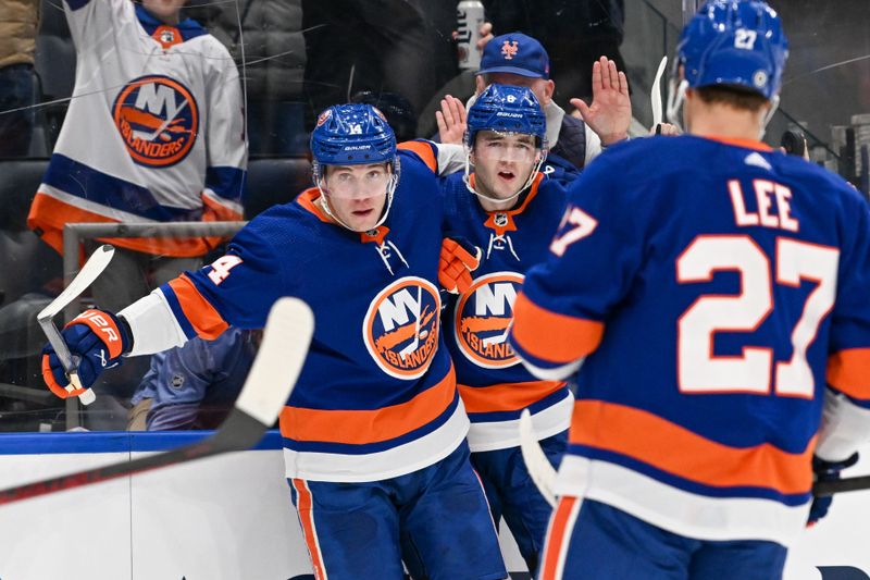 Dec 29, 2023; Elmont, New York, USA; New York Islanders center Bo Horvat (14) celebrates the goal by New York Islanders defenseman Noah Dobson (8) against the Washington Capitals during the second period at UBS Arena. Mandatory Credit: Dennis Schneidler-USA TODAY Sports