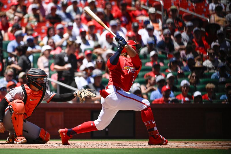 Jun 23, 2024; St. Louis, Missouri, USA; St. Louis Cardinals left fielder Brendan Donovan (33) hits a ground rule double which resulted in a run against the San Francisco Giants in the first inning at Busch Stadium. Mandatory Credit: Joe Puetz-USA TODAY Sports