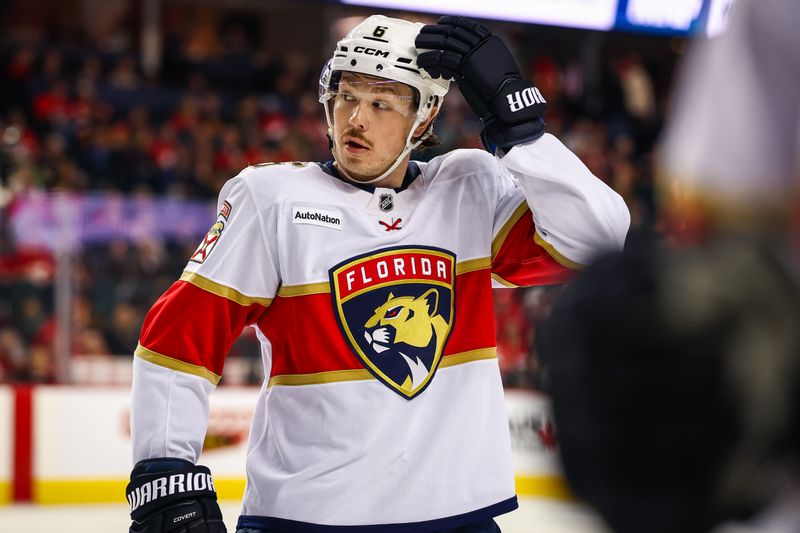 Mar 20, 2026; Calgary, Alberta, CAN; Florida Panthers defenseman Donovan Sebrango (6) against Calgary Flames during the first period at Scotiabank Saddledome. Mandatory Credit: Sergei Belski-Imagn Images