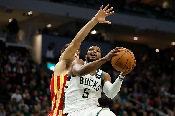 MILWAUKEE, WISCONSIN - OCTOBER 29: Malik Beasley #5 of the Milwaukee Bucks goes up for a shot during the second quarter of a game against the Atlanta Hawks at Fiserv Forum on October 29, 2023 in Milwaukee, Wisconsin. NOTE TO USER: User expressly acknowledges and agrees that, by downloading and or using this photograph, User is consenting to the terms and conditions of the Getty Images License Agreement. (Photo by John Fisher/Getty Images)