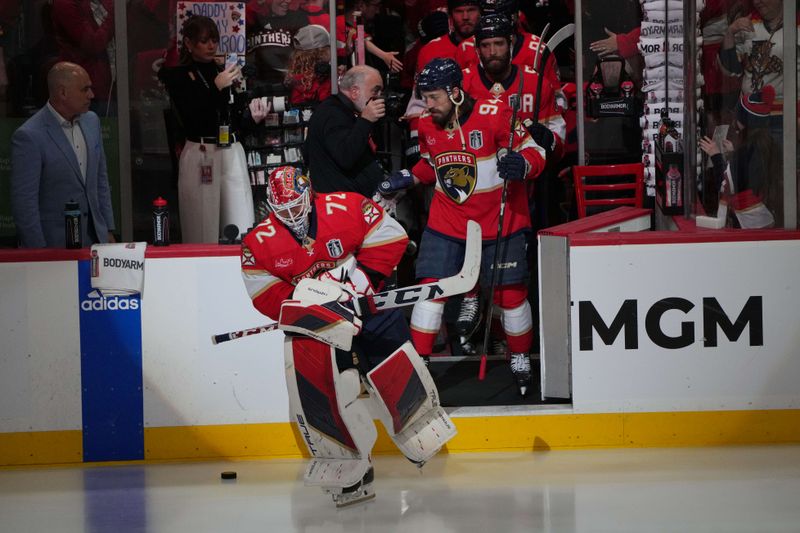 Jun 18, 2024; Sunrise, Florida, USA;  Florida Panthers goaltender Sergei Bobrovsky (72) leads out the team for warm ups prior to the game against the Edmonton Oilers in game five of the 2024 Stanley Cup Final at Amerant Bank Arena. Mandatory Credit: Jim Rassol-USA TODAY Sports