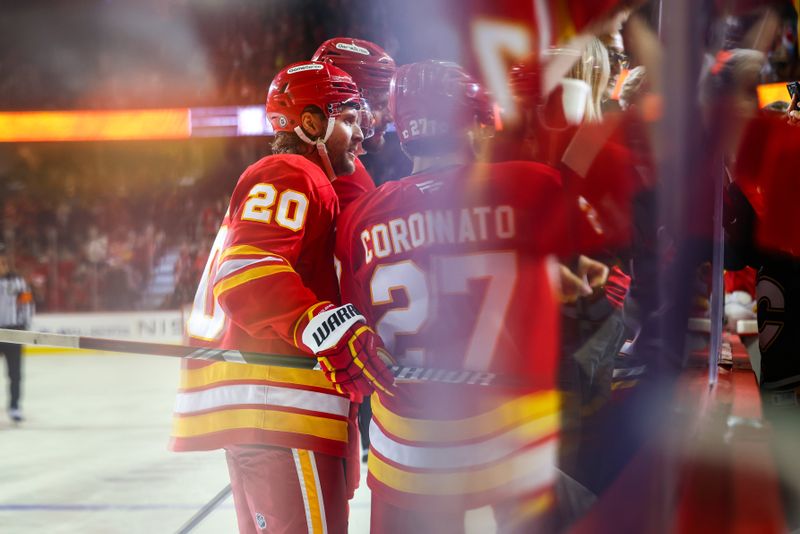 Nov 11, 2024; Calgary, Alberta, CAN; Calgary Flames center Mikael Backlund (11) celebrates his goal with teammates against the Los Angeles Kings during the second period at Scotiabank Saddledome. Mandatory Credit: Sergei Belski-Imagn Images