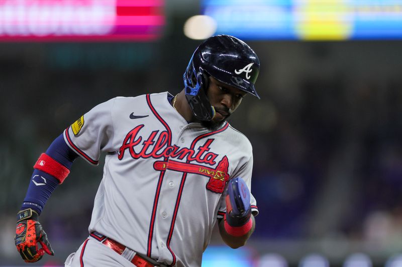 Sep 16, 2023; Miami, Florida, USA; Atlanta Braves center fielder Michael Harris II (23) circles the bases after a two-run home run by second baseman Ozzie Albies (not pictured) against the Miami Marlins during the first inning at loanDepot Park. Mandatory Credit: Sam Navarro-USA TODAY Sports