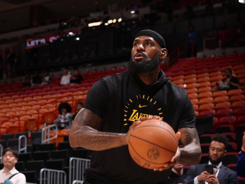 MIAMI, FL - DECEMBER 4: LeBron James #23 of the Los Angeles Lakers warms up before the game against the Miami Heat on December 4, 2024 at Kaseya Center in Miami, Florida. NOTE TO USER: User expressly acknowledges and agrees that, by downloading and or using this Photograph, user is consenting to the terms and conditions of the Getty Images License Agreement. Mandatory Copyright Notice: Copyright 2024 NBAE (Photo by Joe Murphy/NBAE via Getty Images)