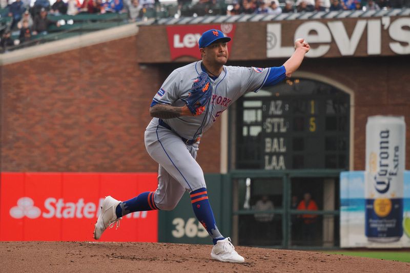 Apr 24, 2024; San Francisco, California, USA; New York Mets starting pitcher Sean Manea (59) pitches the ball against the San Francisco Giants during the first inning at Oracle Park. Mandatory Credit: Kelley L Cox-USA TODAY Sports