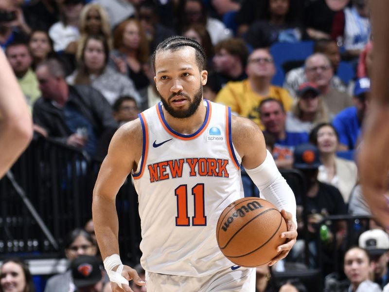 ORLANDO, FL - FEBRUARY 14: Jalen Brunson #11 of the New York Knicks dribbles the ball during the game against the Orlando Magic on February 14, 2024 at the Kia Center in Orlando, Florida. NOTE TO USER: User expressly acknowledges and agrees that, by downloading and or using this photograph, User is consenting to the terms and conditions of the Getty Images License Agreement. Mandatory Copyright Notice: Copyright 2024 NBAE (Photo by Fernando Medina/NBAE via Getty Images)