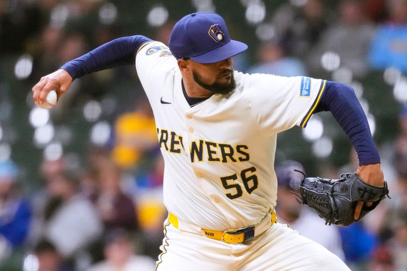 May 5, 2025; Milwaukee, Wisconsin, USA;  Milwaukee Brewers pitcher Grant Anderson (56) throws a pitch during the eighth inning against the Houston Astros at American Family Field. Mandatory Credit: Jeff Hanisch-Imagn Images