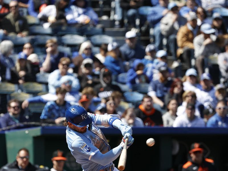 Apr 6, 2025; Kansas City, Missouri, USA;  Kansas City Royals shortstop Bobby Witt Jr. (7) gets a hit at Kauffman Stadium. Mandatory Credit: Gary Rohman-Imagn Images