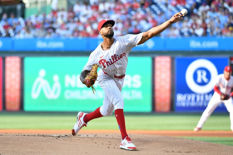 Jun 17, 2024; Philadelphia, Pennsylvania, USA; Philadelphia Phillies pitcher Cristopher Sánchez (61) throws a pitch during the first inning against the San Diego Padres at Citizens Bank Park. Mandatory Credit: Eric Hartline-USA TODAY Sports