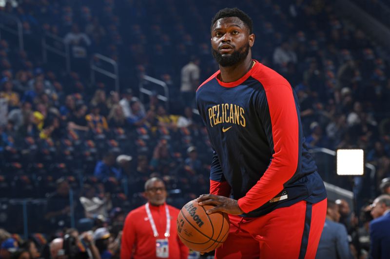 SAN FRANCISCO, CA - OCTOBER 30: Zion Williamson #1 of the New Orleans Pelicans warms up before the game against the Golden State Warriors on October 30, 2024 at Chase Center in San Francisco, California. NOTE TO USER: User expressly acknowledges and agrees that, by downloading and or using this photograph, user is consenting to the terms and conditions of Getty Images License Agreement. Mandatory Copyright Notice: Copyright 2024 NBAE (Photo by Noah Graham/NBAE via Getty Images)