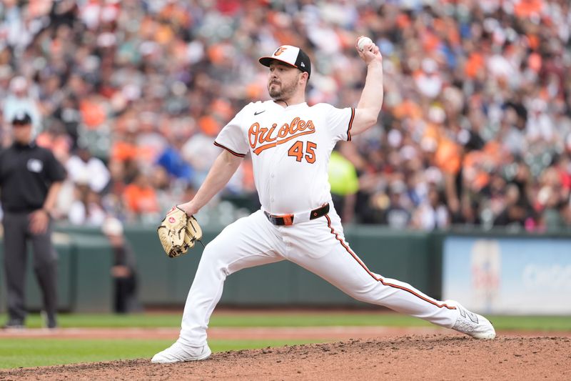 May 4, 2025; Baltimore, Maryland, USA; Baltimore Orioles pitcher Keegan Akin (45) delivers a pitch against the Kansas City Royals during the sixth inning at Oriole Park at Camden Yards. Mandatory Credit: Gregory Fisher-Imagn Images