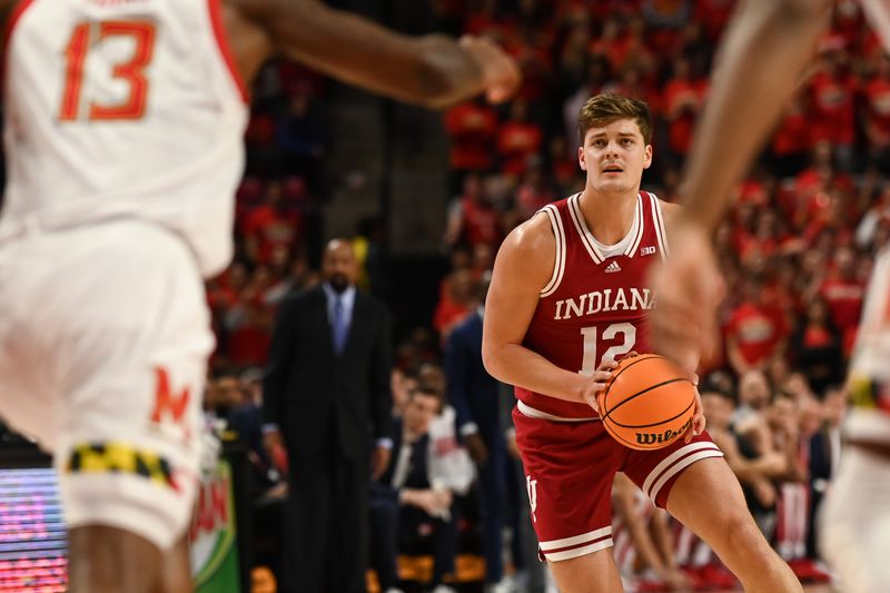 Jan 31, 2023; College Park, Maryland, USA;  dIndiana Hoosiers forward Miller Kopp (12) looks for a open spot to shoot uring the first half against the Maryland Terrapins at Xfinity Center. Mandatory Credit: Tommy Gilligan-USA TODAY Sports